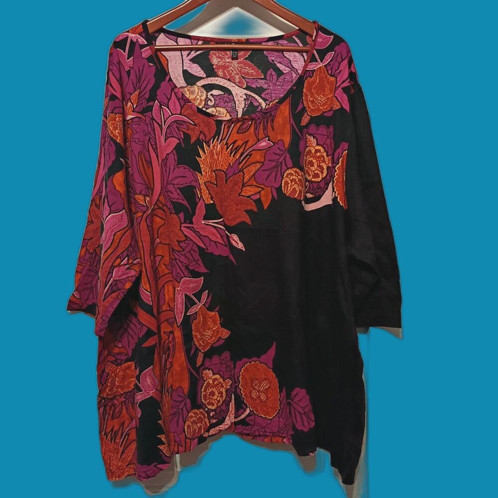 Ulla Popken Black Red Purple Floral Top 100% Cotton Scoop Neck Women's 32